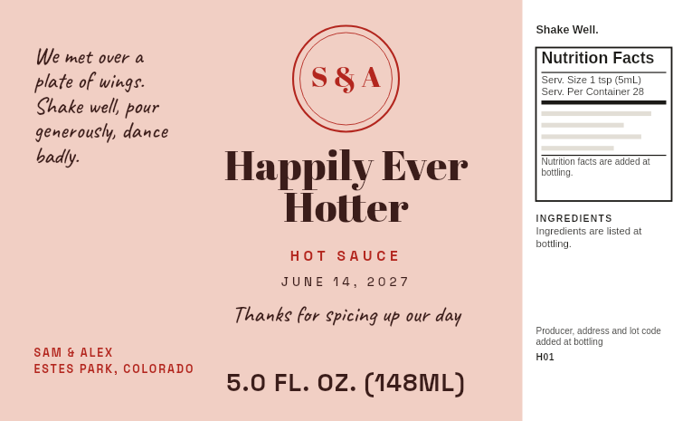 3D preview: A sample label, “Happily Ever Hotter”, on a bottle of Glitter Bomb Sweet & Sour Hot Sauce. Drag to turn the bottle.