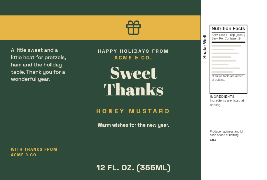 3D preview: A sample label, “Sweet Thanks”, on a bottle of Habanero Honey Mustard. Drag to turn the bottle.