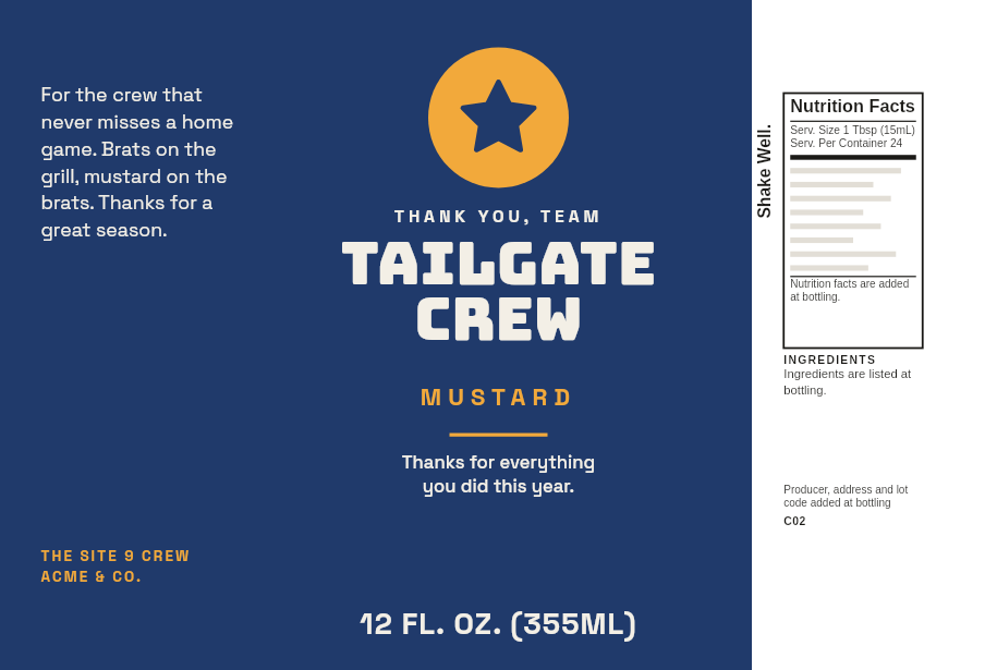 3D preview: A sample label, “Tailgate Crew”, on a bottle of Habanero Mustard. Drag to turn the bottle.