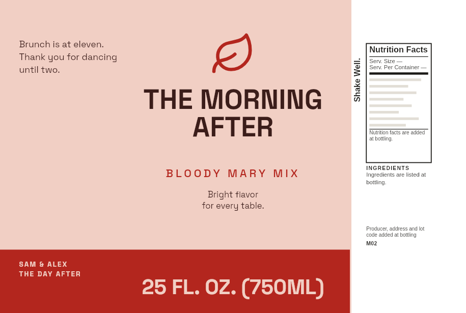 3D preview: A sample label, “The Morning After”, on a bottle of Original Bloody Mary Mix. Drag to turn the bottle.