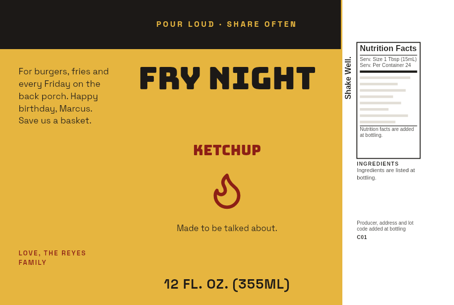 3D preview: A sample label, “Fry Night”, on a bottle of Smoky Habanero Ketchup. Drag to turn the bottle.