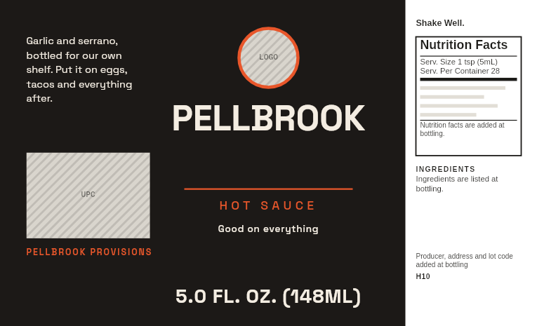 3D preview: Private label “Pellbrook” with a brand-forward layout and space for a UPC, on a 5 oz garlic serrano hot sauce bottle. Drag to turn the bottle.