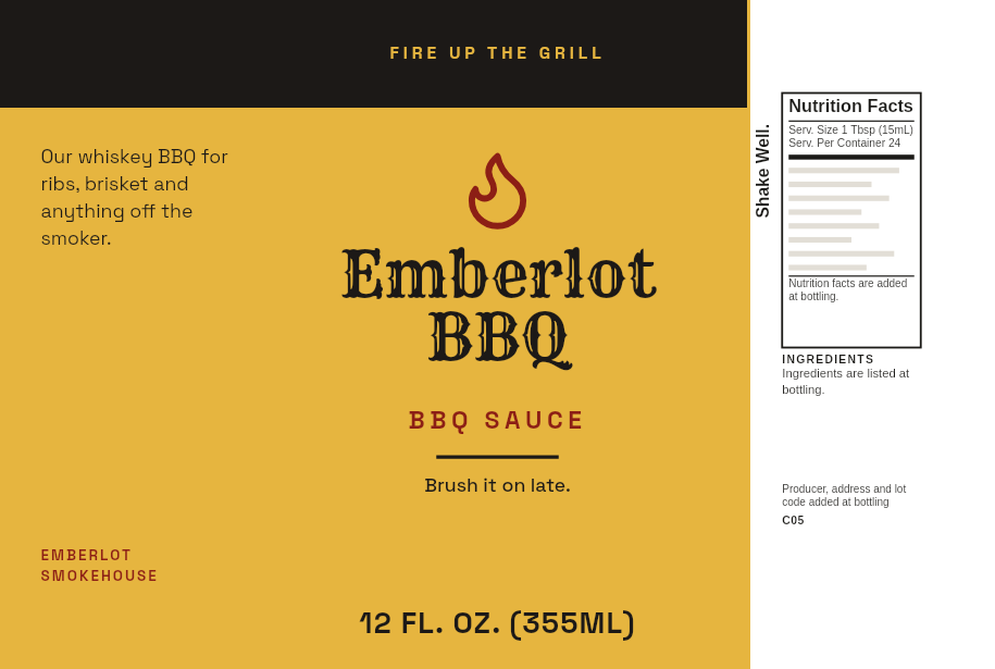 Private label BBQ sauce label “Emberlot BBQ” with a pit banner and a flame, on a 12 oz spicy whiskey BBQ sauce bottle