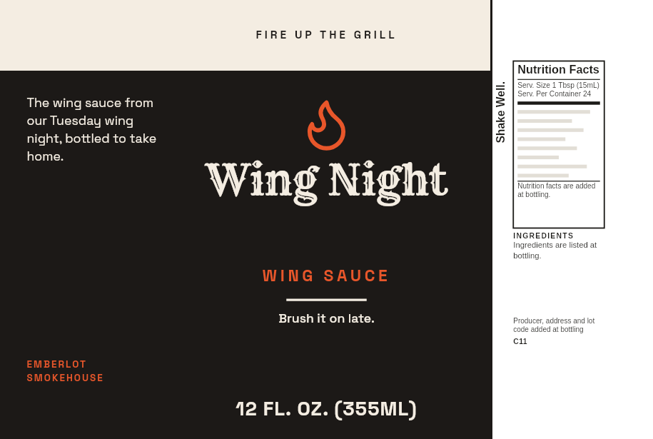 Private label wing sauce label “Wing Night” with a pit banner, on a 12 oz Cajun wing sauce bottle
