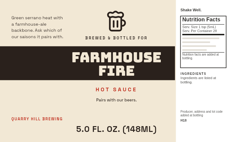 Brewery label “Farmhouse Fire” with a can-art band on a 5 oz farmhouse ale serrano hot sauce bottle