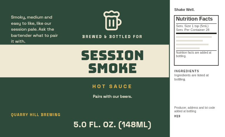 Brewery label “Session Smoke” on a 5 oz pale ale chipotle hot sauce bottle