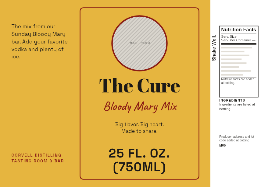 Distillery label “The Cure” on a 25 oz habanero Bloody Mary mix bottle