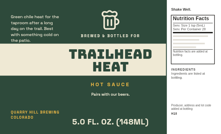 Taproom label “Trailhead Heat” with a can-art band on a 5 oz farmhouse ale serrano hot sauce bottle