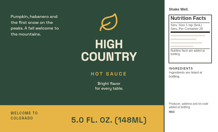Label “High Country” with a color band on a 5 oz habanero pumpkin hot sauce bottle