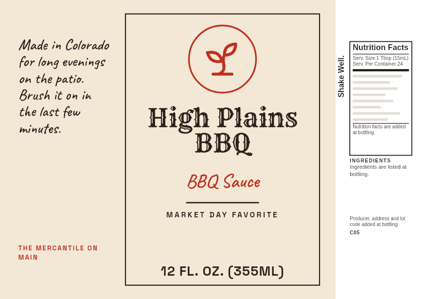 Shop label “High Plains BBQ” on a 12 oz BBQ sauce bottle