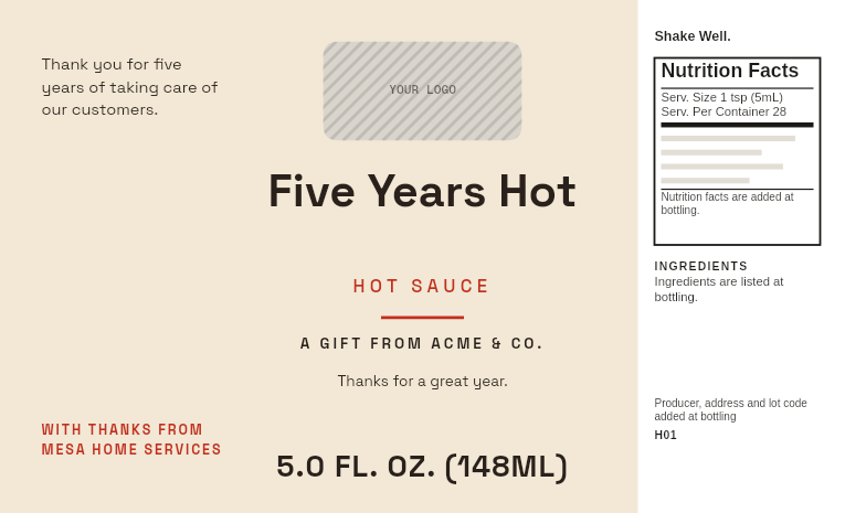 Work anniversary label “Five Years Hot” with a company logo slot on a mild 5 oz hot sauce bottle