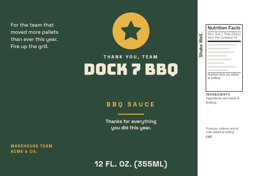Team appreciation label “Dock 7 BBQ” with a star medal on a 12 oz spicy whiskey BBQ sauce bottle