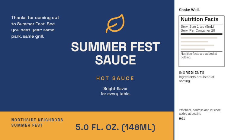 Festival sponsor label “Summer Fest Sauce” on a mild 5 oz hot sauce bottle