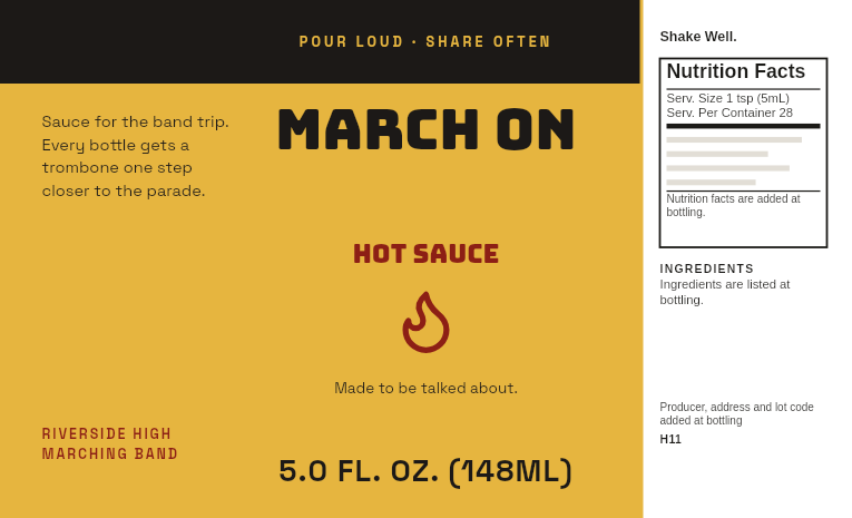 Marching band fundraiser label “March On” on a smoky 5 oz hot sauce bottle