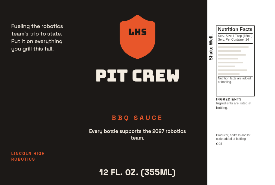 Robotics team fundraiser label “Pit Crew” on a 12 oz BBQ sauce bottle