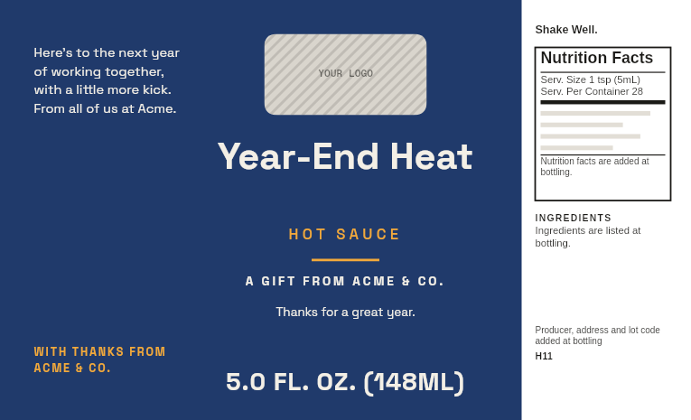 Client gift label “Year-End Heat” with a logo slot and a thank-you line, on a 5 oz chipotle hot sauce bottle