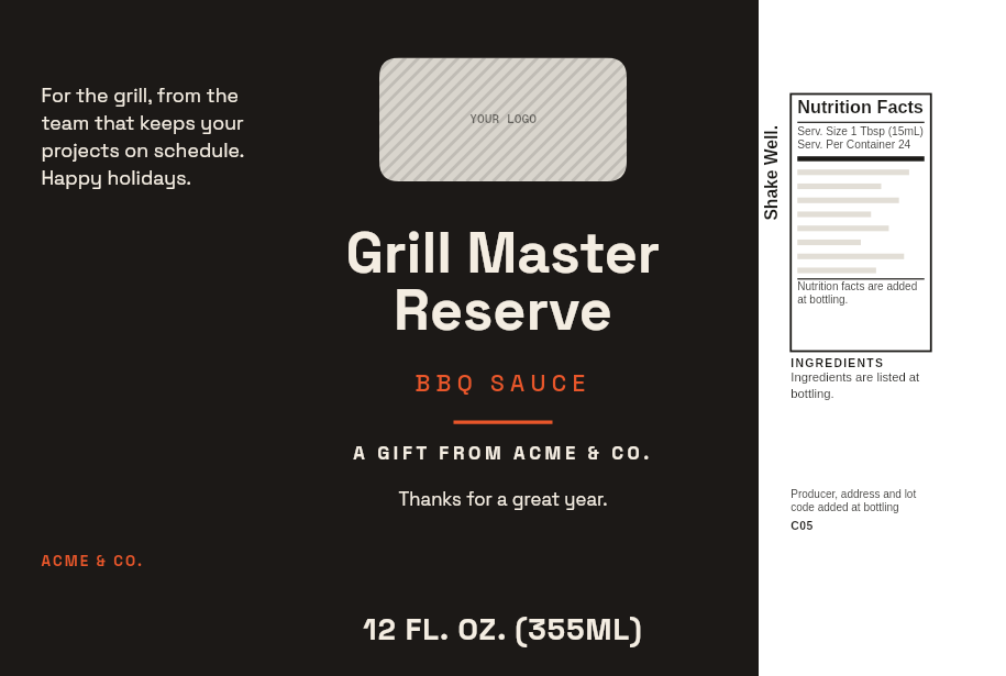 Corporate gift label “Grill Master Reserve” with a logo slot on a 12 oz BBQ sauce bottle