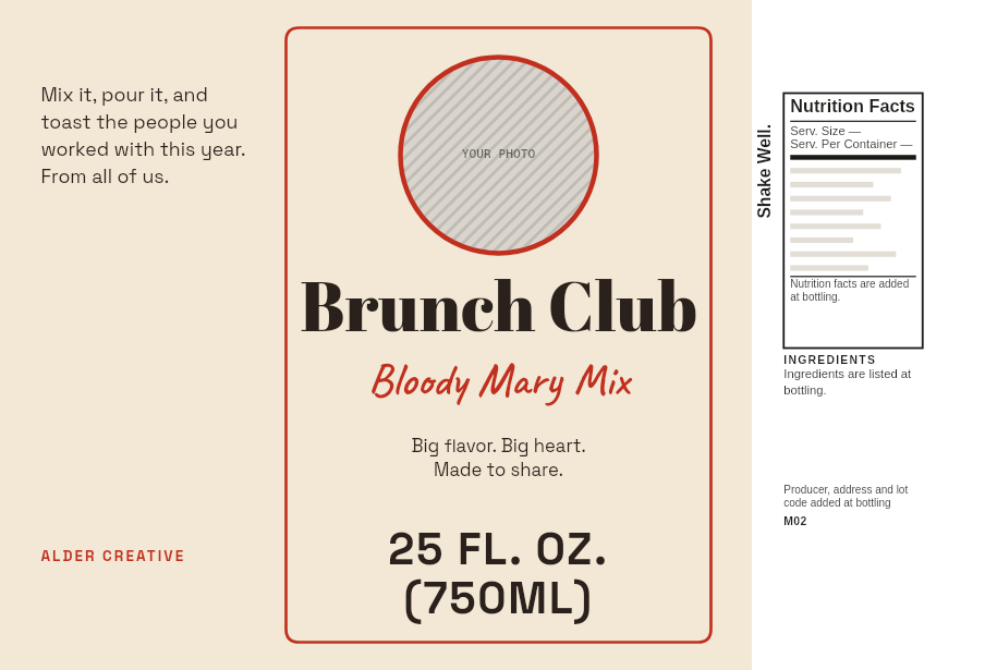 Holiday gift label “Brunch Club” on a 25 oz Bloody Mary mix bottle