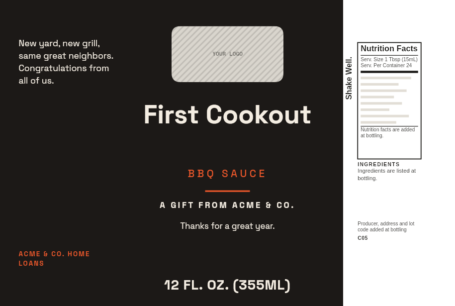 Lender closing gift label “First Cookout” with a logo slot on a 12 oz BBQ sauce bottle
