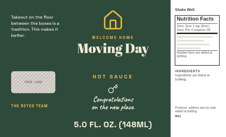 Closing gift label “Moving Day” with a house and key on a mild 5 oz hot sauce bottle