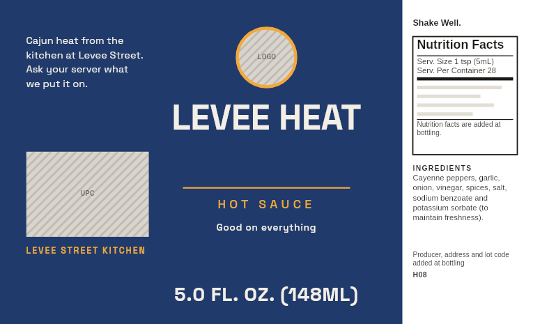 Restaurant retail label “Levee Heat” on a 5 oz hot sauce bottle