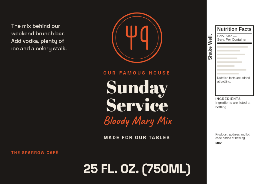 Brunch label “Sunday Service” on a 25 oz Bloody Mary mix bottle