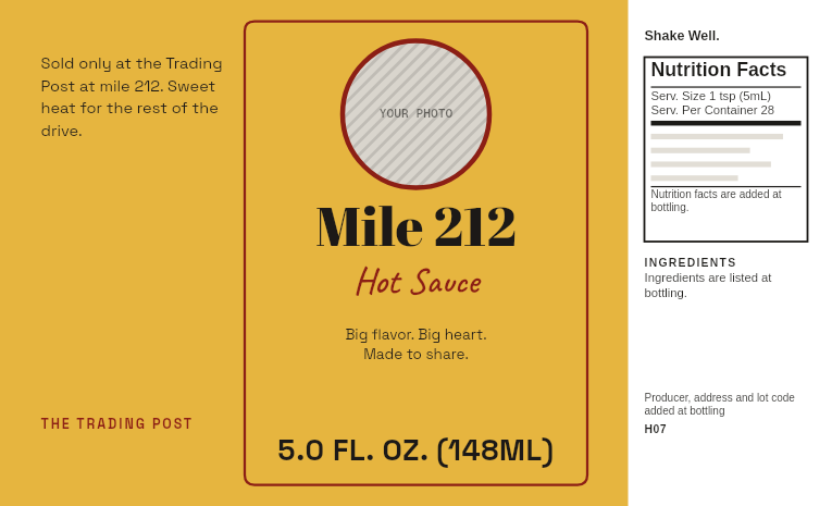 Gift shop label “Mile 212” with a photo badge on a 5 oz hot sauce bottle
