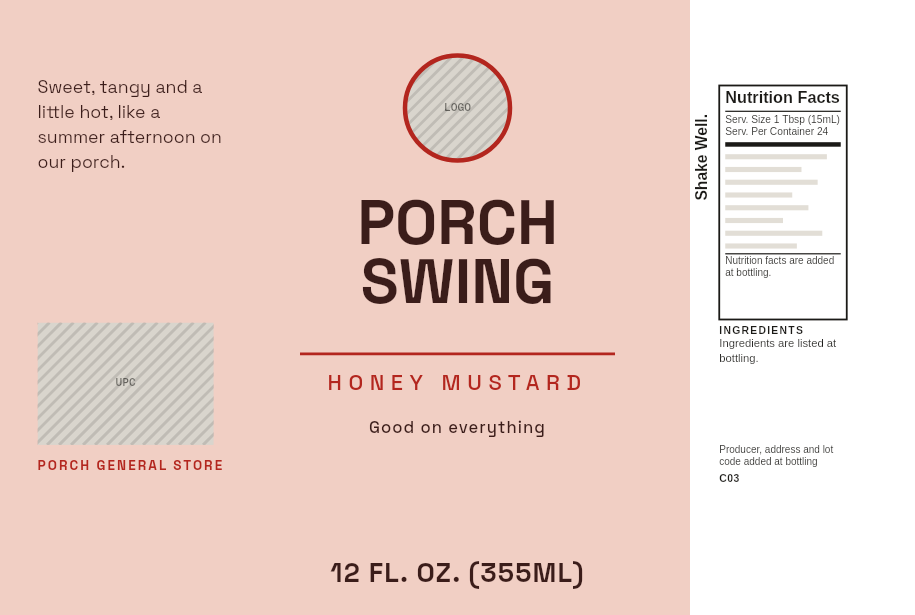 General store label “Porch Swing” on a 12 oz honey mustard bottle