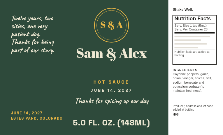 Wedding favor label with the couple’s names as the sauce name and the date and venue on the back panel