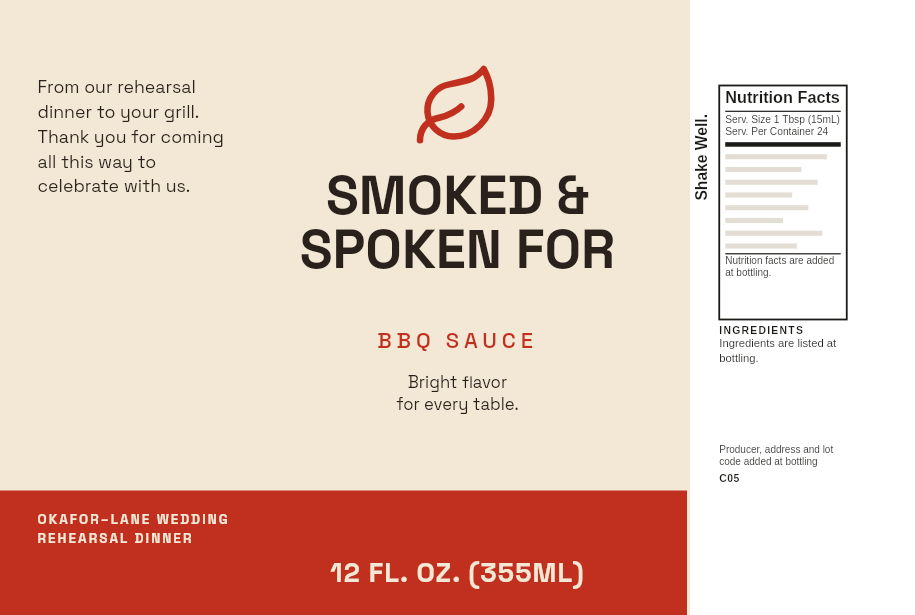 Rehearsal dinner label “Smoked & Spoken For” on a 12 oz BBQ sauce bottle