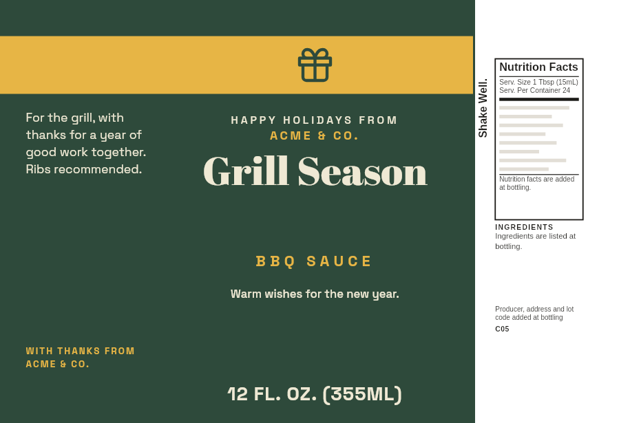Client gift label “Grill Season” with a ribbon band and a company thank-you, on a 12 oz spicy whiskey BBQ sauce bottle