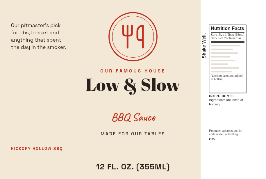 House label “Low & Slow” on a 12 oz spicy whiskey BBQ sauce bottle