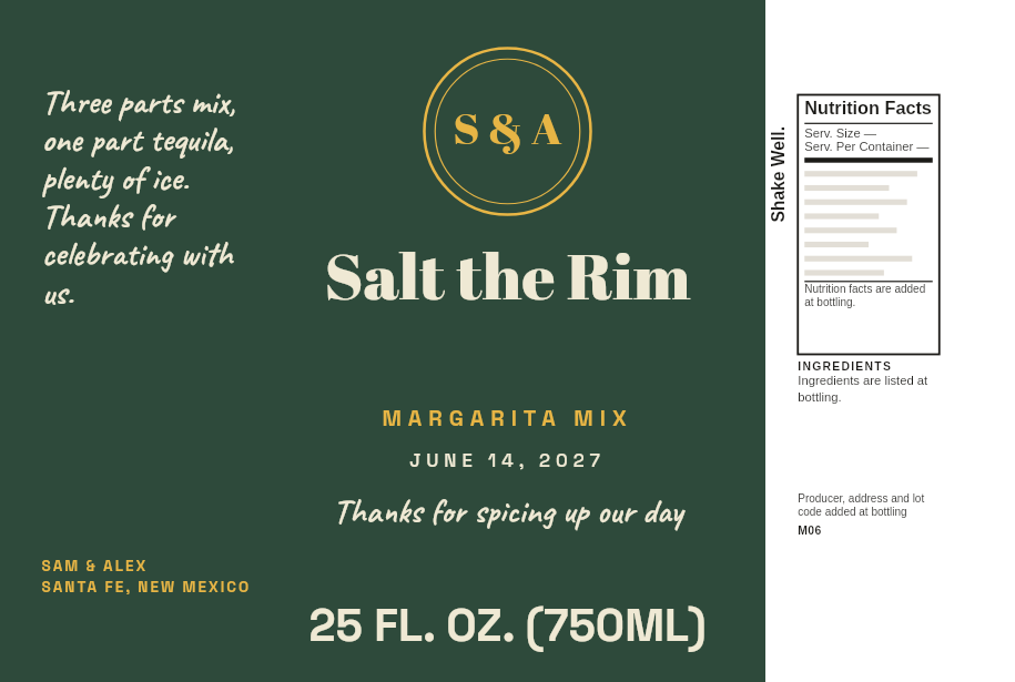 Wedding label “Salt the Rim” with the couple’s monogram and wedding date, on a 25 oz serrano lime margarita mix bottle