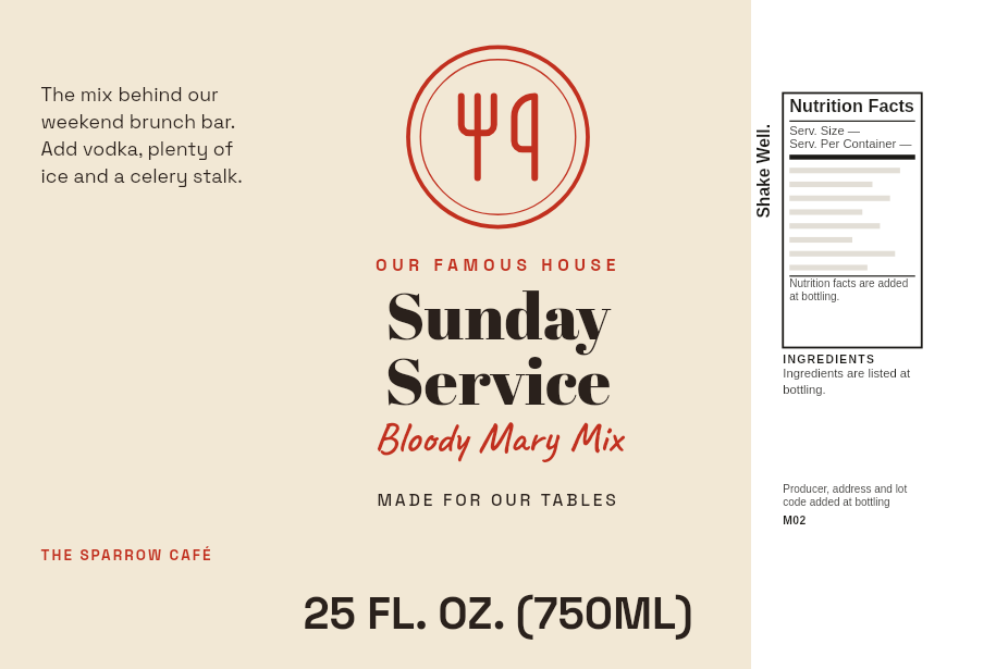 Label “Sunday Service” on a 25 oz Bloody Mary mix bottle