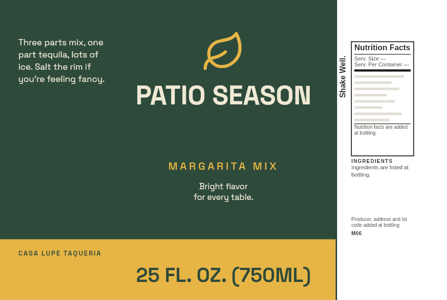 Label “Patio Season” on a 25 oz serrano lime margarita mix bottle