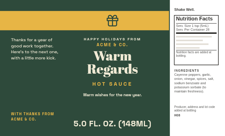 Client gift label “Warm Regards” with a ribbon band, a gift icon and a company thank-you, on a 5 oz Cajun cayenne hot sauce bottle