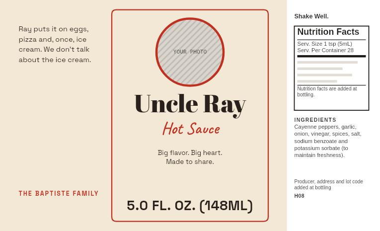 Label “Uncle Ray” with a photo badge on a 5 oz medium hot sauce bottle
