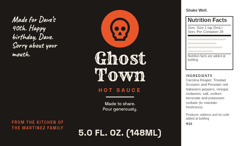 Label “Ghost Town” with a badge and icon on a 5 oz extreme hot sauce bottle