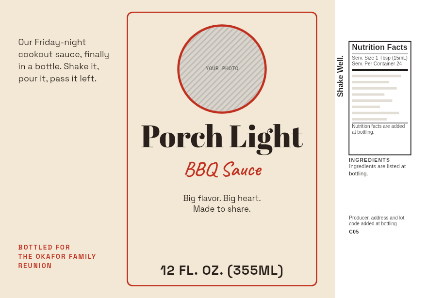 Porch Light BBQ sauce label: the family’s cookout sauce, bottled for a reunion, on a 12 oz bottle.